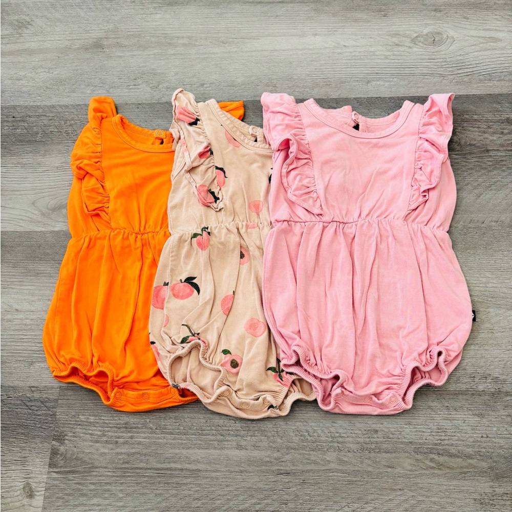 Kyte BABY Orange Peach Print and Pink Ruffle Romper Set 3-6 Months